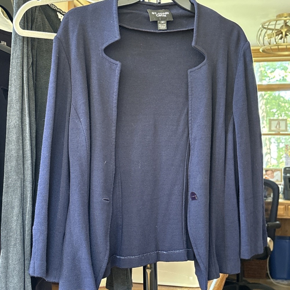 St. John Caviar Notch Single Breasted Button Navy Blue Knit Blazer Cardigan 16